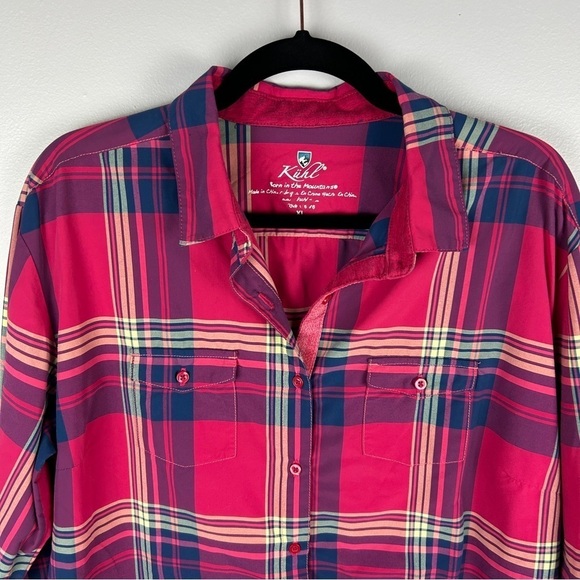 Kuhl Casual Plaid Western Nylon Long Roll Tab Sleeve Button Down Shirt XL Pink - Picture 4 of 16